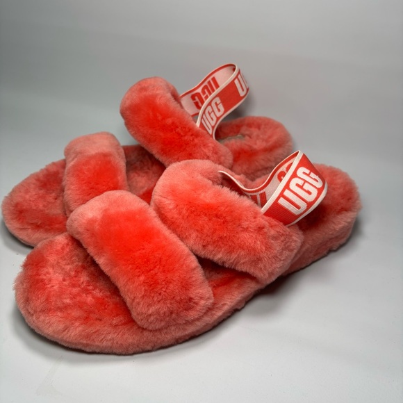 UGG Oh Yeah Fluff Womens Size 10 Coral Sheepskin Slingback Slippers Shoe - Picture 2 of 9